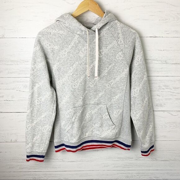 Champion logo hoodie light grey red navy stripe cuffs hem pullover ribbed XS - Picture 10 of 10
